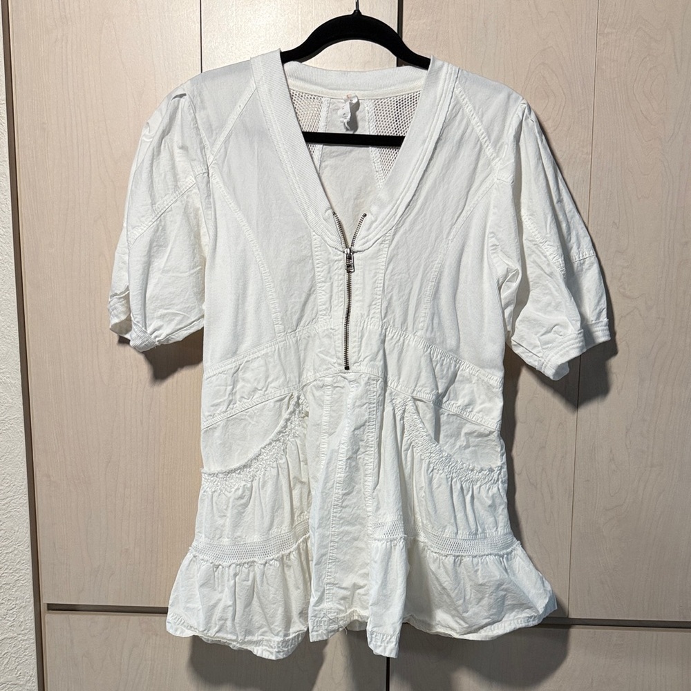 Free People Daily Practice Women's White V-Neck Peplum Tunic with Front Zip